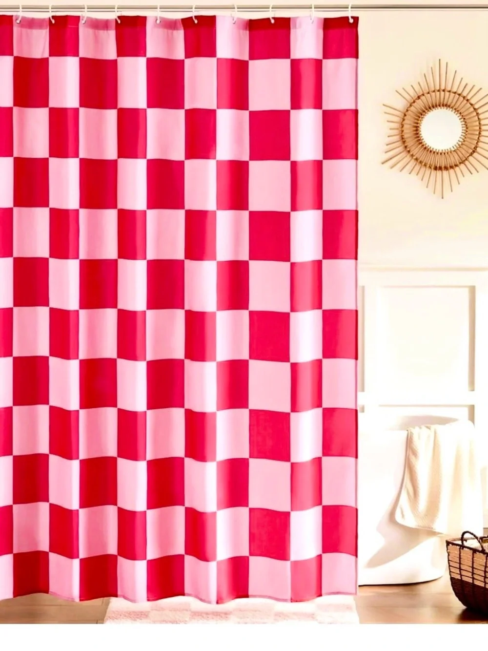 Elle Decor Femme Modern Vintage Pink & Red Checkered Bathroom Shower Curtain
